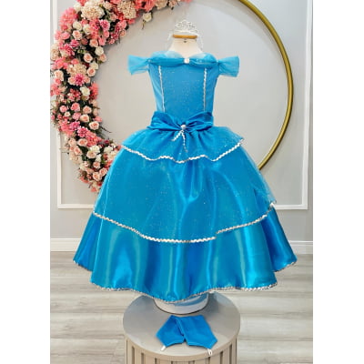 Fantasia Infantil Princesas Azul C/ Luvas, em Cetim, Helanca e Tule Glitter Fantasia Infantil Princesas Azul C/ Luvas, em Cetim, Helanca e Tule Glitter