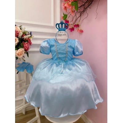 Fantasia Infantil Princesas Azul C/ Tiara e Luva, em Cetim, Helanca e Organza