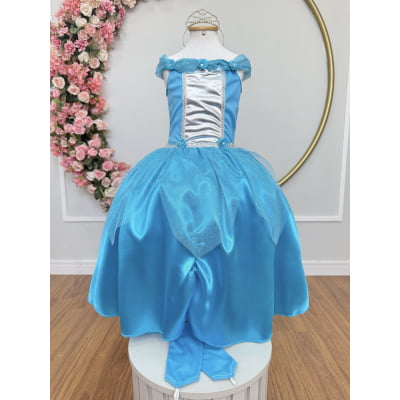 Fantasia Infantil Princesas Azul com Luvas, em Cetim, Helanca e Tule Glitter Fantasia Infantil Princesas Azul com Luvas, em Cetim, Helanca e Tule Glitter