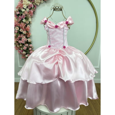 Fantasia Infantil Princesas Rosa Claro em Cetim e Helanca