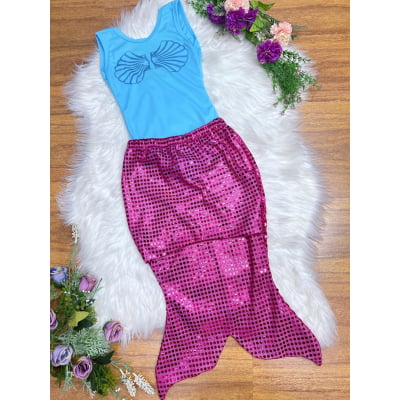 Fantasia Infantil Sereia Escamas Azul e Pink Festas