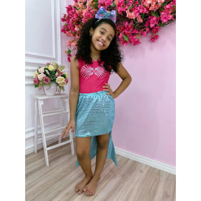 Fantasia Infantil Sereia Escamas Verde e Pink