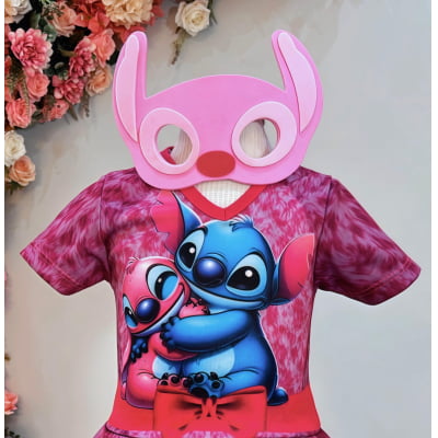 Fantasia Infantil Temática da Angel Stitch Lilo Pink C/ Máscara