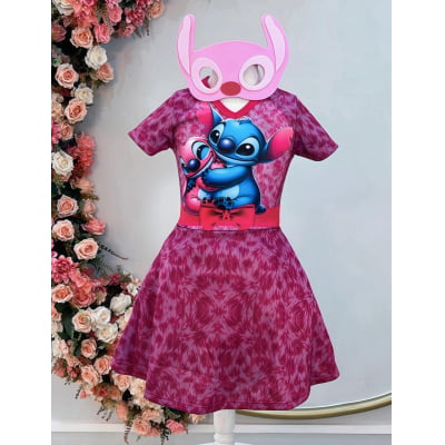 Fantasia Infantil Temática da Angel Stitch Lilo Pink C/ Máscara