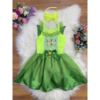 Fantasia Infantil Verde Fada Encantada, em Cetim, Helanca e Tule Glitter