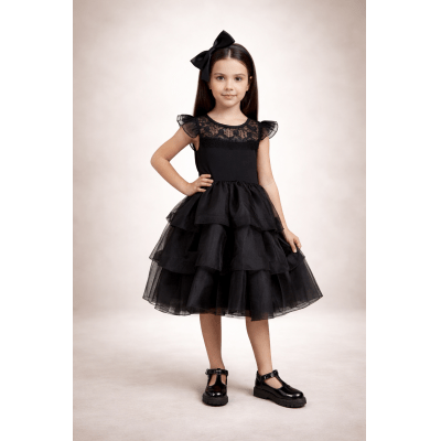 Fantasia Wandinha Infantil Preto Com Babados Luxo