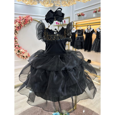 Fantasia Wandinha Infantil Preto Com Babados Luxo