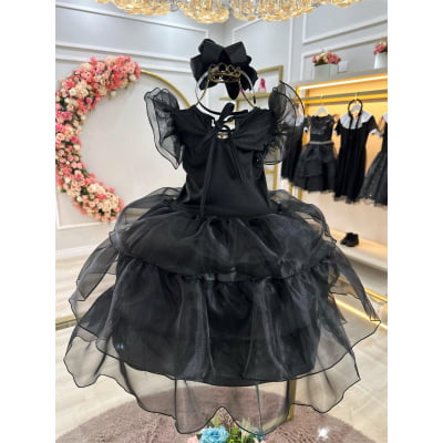 Fantasia Wandinha Infantil Preto Com Babados Luxo