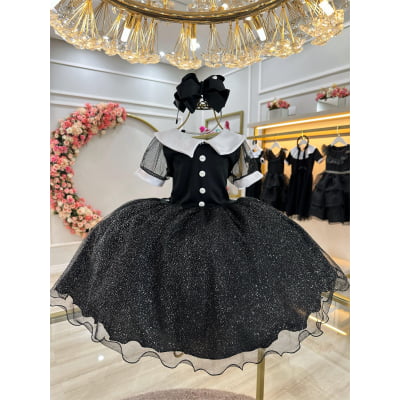 Fantasia Wandinha Infantil Preto Gola Branca C/ Glitter