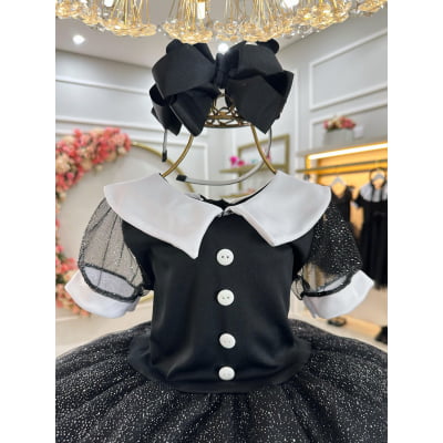 Fantasia Wandinha Infantil Preto Gola Branca C/ Glitter