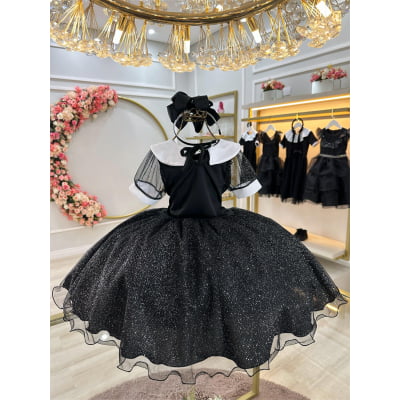 Fantasia Wandinha Infantil Preto Gola Branca C/ Glitter