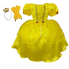 Kit Princesa Fantasia Bela e a Fera Amarelo C/ Luva e Tiara