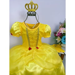 Kit Princesa Fantasia Bela e a Fera Amarelo com Tiara e Luva