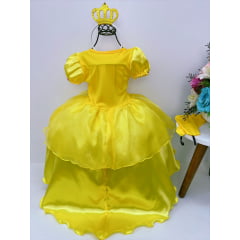 Kit Princesa Fantasia Bela e a Fera Amarelo com Tiara e Luva