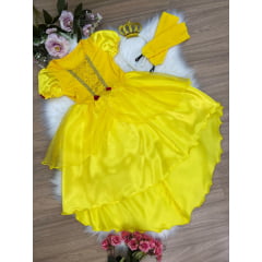 Kit Princesa Fantasia Bela e a Fera Amarelo com Tiara e Luva