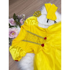 Kit Princesa Fantasia Bela e a Fera Amarelo com Tiara e Luva