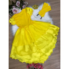 Kit Princesa Fantasia Bela e a Fera Amarelo com Tiara e Luva