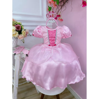 Kit Princesa Fantasia Infantil Aurora Com Luva e Tiara Festa