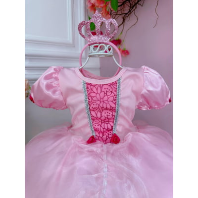 Kit Princesa Fantasia Infantil Aurora Com Luva e Tiara Festa