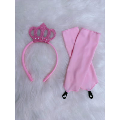 Kit Princesa Fantasia Infantil Aurora Com Luva e Tiara Festa