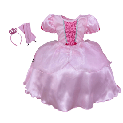 Kit Princesa Fantasia Infantil Aurora Com Luva e Tiara Festa