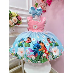 Vestido Bebê da Lilo e Stitch Rosa Florido Festas Luxo