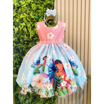 Vestido Bebê da Lilo e Stitch Rosa Florido Festas Luxo