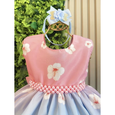 Vestido Bebê da Lilo e Stitch Rosa Florido Festas Luxo