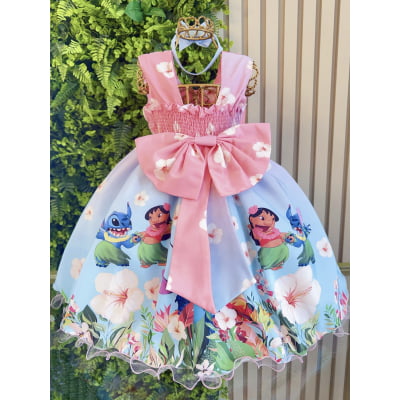 Vestido Bebê da Lilo e Stitch Rosa Florido Festas Luxo