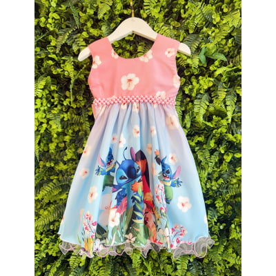 Vestido Bebê da Lilo e Stitch Rosa Florido Festas Luxo