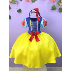 Vestido Fantasia Infantil Branca de Neve Amarelo Capa Tiara