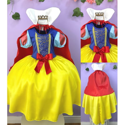 Vestido Fantasia Infantil Branca de Neve Amarelo Capa Tiara Vestido Fantasia Infantil Branca de Neve Amarelo Capa Tiara