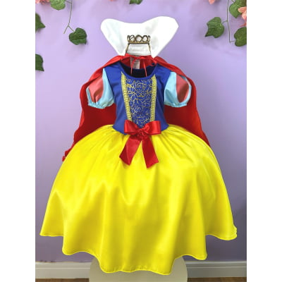 Vestido Fantasia Infantil Branca de Neve Amarelo Capa Tiara