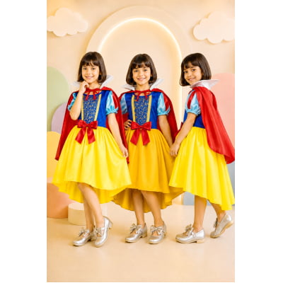 Vestido Fantasia Infantil Branca de Neve Amarelo Capa Tiara Vestido Fantasia Infantil Branca de Neve Amarelo Capa Tiara