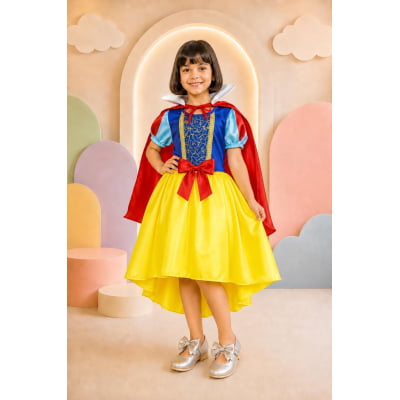 Vestido Fantasia Infantil Branca de Neve Amarelo Capa Tiara Vestido Fantasia Infantil Branca de Neve Amarelo Capa Tiara