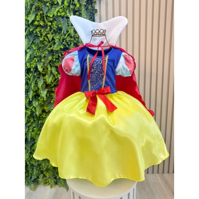 Vestido Fantasia Infantil Branca de Neve Amarelo Capa Tiara