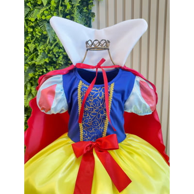 Vestido Fantasia Infantil Branca de Neve Amarelo Capa Tiara
