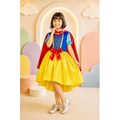 Vestido Fantasia Infantil Branca de Neve Amarelo Ouro Capa Tiara Vestido Fantasia Infantil Branca de Neve Amarelo Ouro Capa Tiara