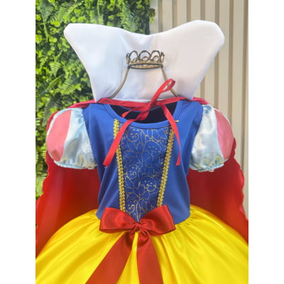 Vestido Fantasia Infantil Branca de Neve Amarelo Ouro Capa Tiara