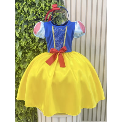 Vestido Fantasia Infantil Branca de Neve Amarelo Ouro Capa Tiara