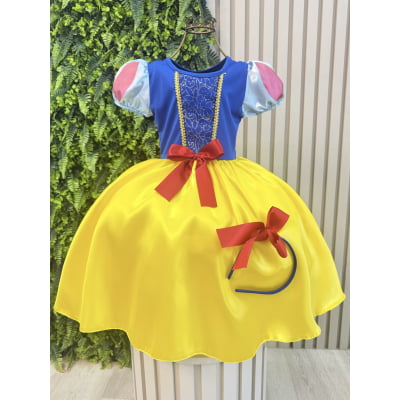 Vestido Fantasia Infantil Branca de Neve Amarelo Ouro Capa Tiara