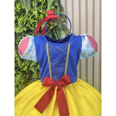 Vestido Fantasia Infantil Branca de Neve Amarelo Ouro Capa Tiara