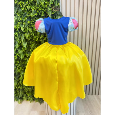 Vestido Fantasia Infantil Branca de Neve Amarelo Ouro Capa Tiara