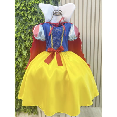 Vestido Fantasia Infantil Branca de Neve, Amarelo Ouro com Capa e Tiara, em Cetim e Helanca