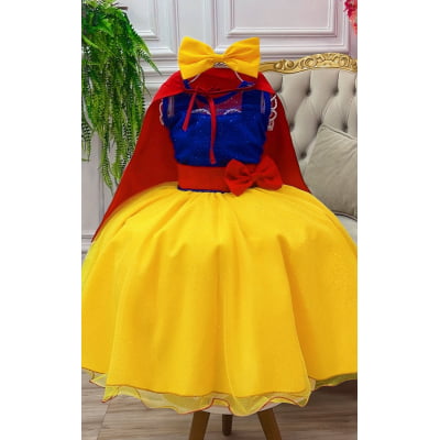 Vestido Fantasia Infantil Branca de Neve C/ Glitter e Capa