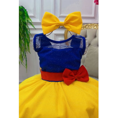 Vestido Fantasia Infantil Branca de Neve C/ Glitter e Capa