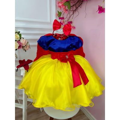 Vestido Fantasia Infantil Branca de Neve Capa e Tiara e Luva
