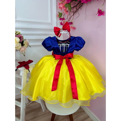 Vestido Fantasia Infantil Branca de Neve Capa e Tiara e Luva