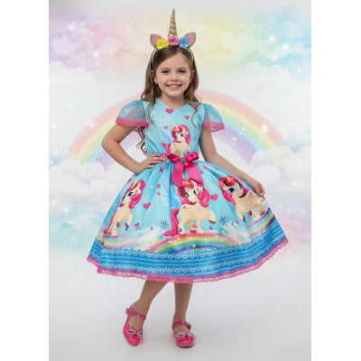 Vestido Fantasia Infantil Unicórnio Colorido Festas