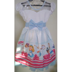 Vestido Infantil Alice no País das Maravilhas Azul e Branco